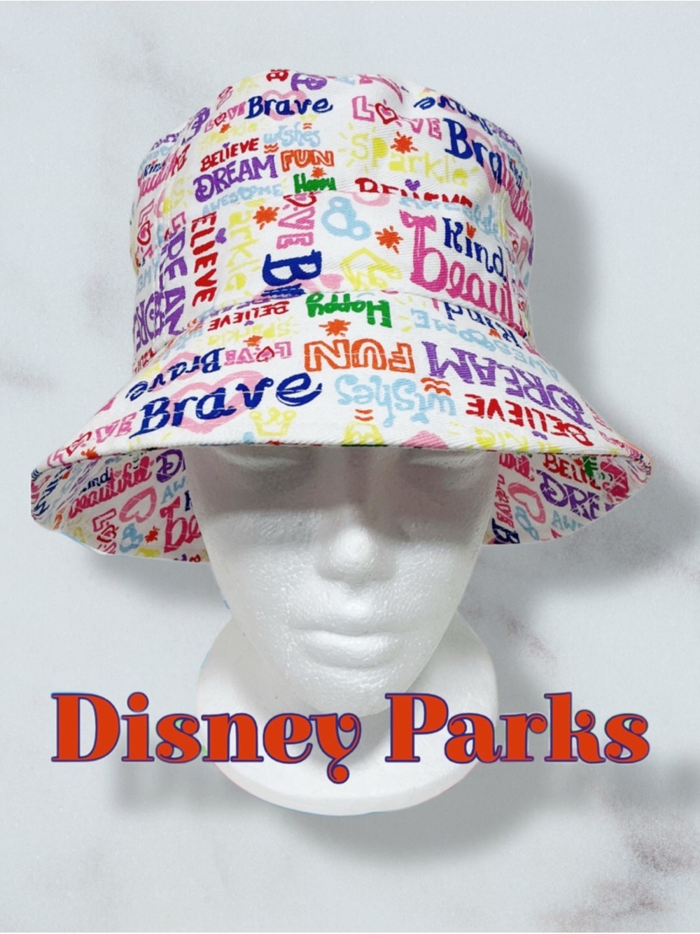 DISNEY PARKS Youth Bucket Sunhat with Colorfully Positive Words NEW